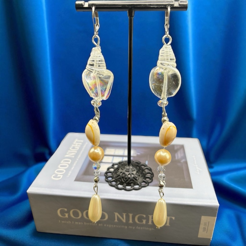 Mermaid Shell Drop Earrings Faux Pearls Vintage Beads Handmade Beach Style